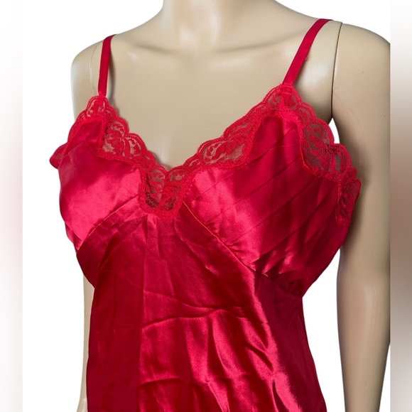 Lady Cameo Vintage 90s Red Satin Silky Pleated Lingerie Intimate Mini Slip Dress - Picture 2 of 6